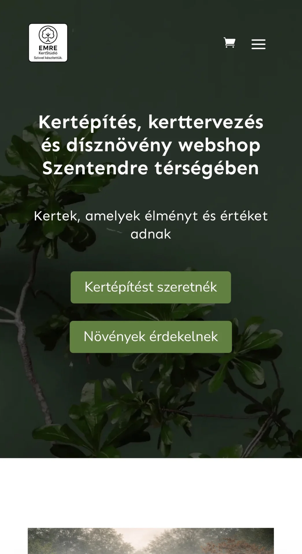 Az Emre Kertstúdió webshop nyitóoldala, modern WooCommerce webáruház fejlesztés referencia.