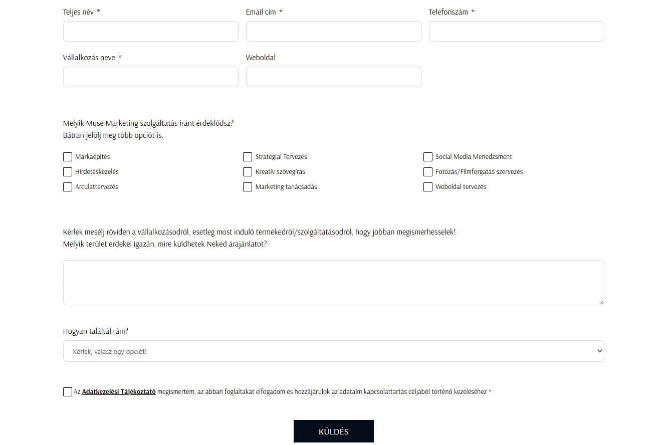 Konverzióra optimalizált kapcsolatfelvételi űrlap és CTA elemek az Emre.hu weboldalon.