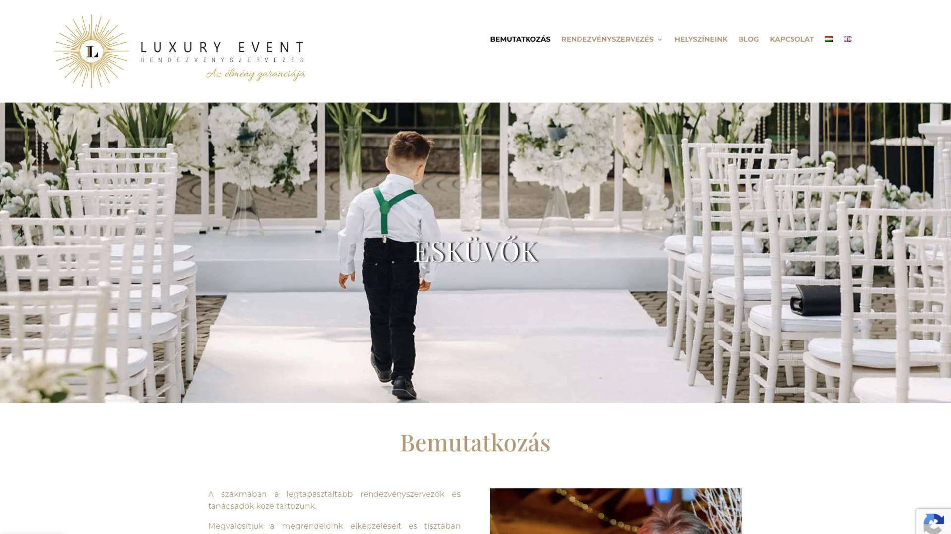 Elegáns rendezvényszervező weboldal prémium szolgáltatások bemutatására.